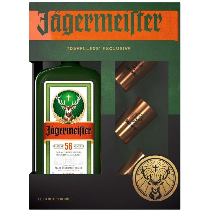 Jagermeister Giftset with 3 Metal Cups (Егермейстер Набор с Металлическими рюмками) 35% 1L